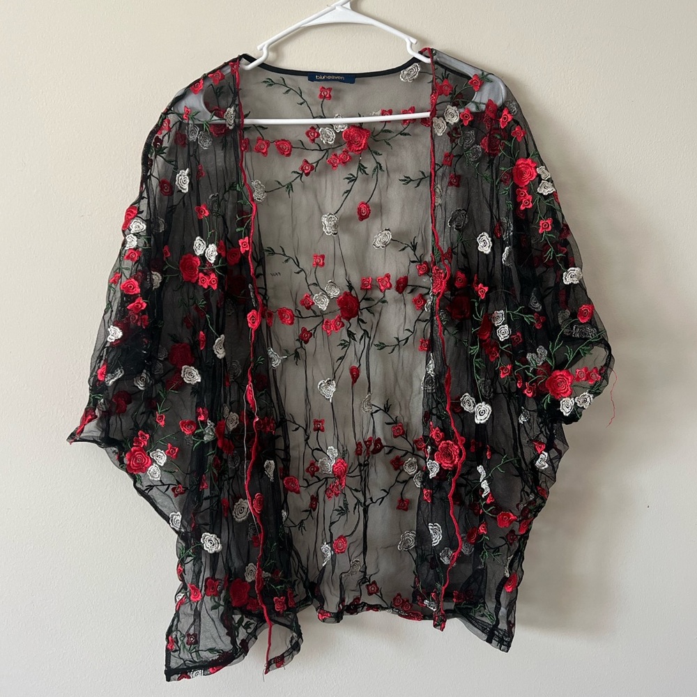 Rose stitched mesh kimono